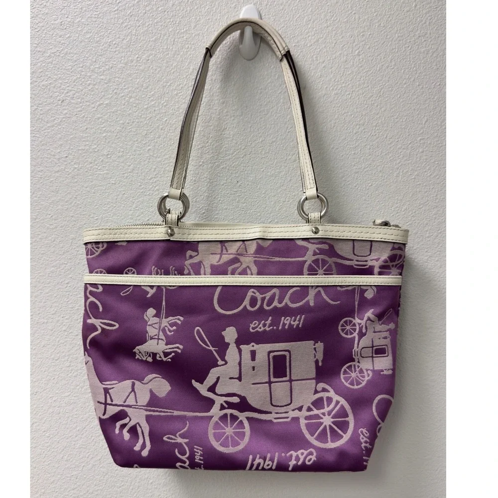 Coach Horse and Carriage Tote Bag Womens Medium Purple Good F14482 Sateen Purse